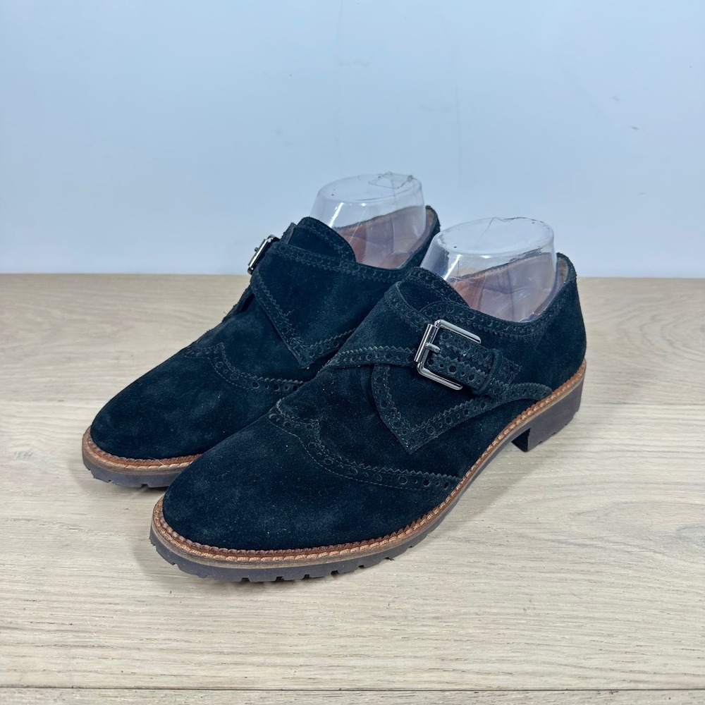 Sarto Franco Sarto Monk Strap Shoes Women 7.5 Black Suede Brogue Oxford Preppy